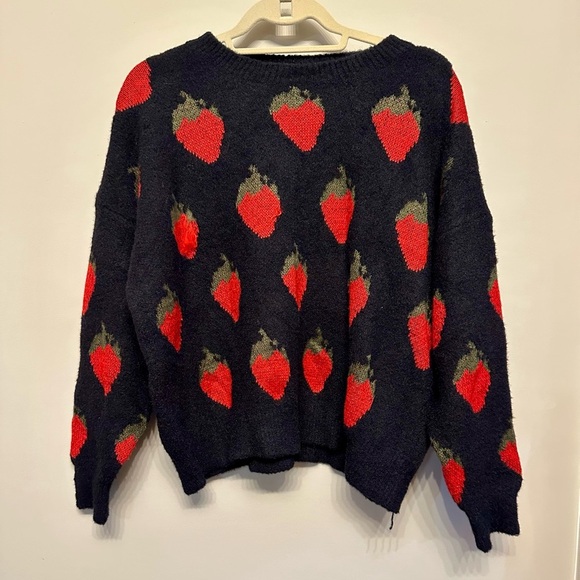 Strawberry Patterned Black Sweater-One Size - Picture 2 of 4